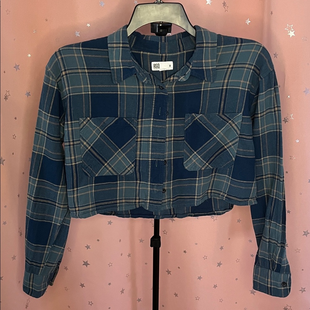 RSQ Navy and Teal Plaid Long-Sleeve Button-Up Crop Top